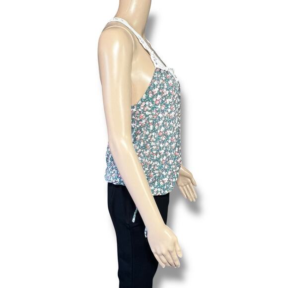 Forever 21 Womens Tank Top Crochet Scoop Neck Floral Print Green Pink Large - Picture 3 of 8
